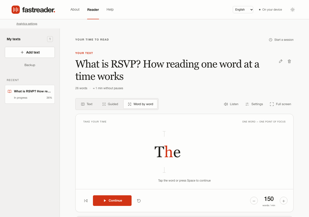 Word-by-word reading paused at the second sentence in Fastreader.